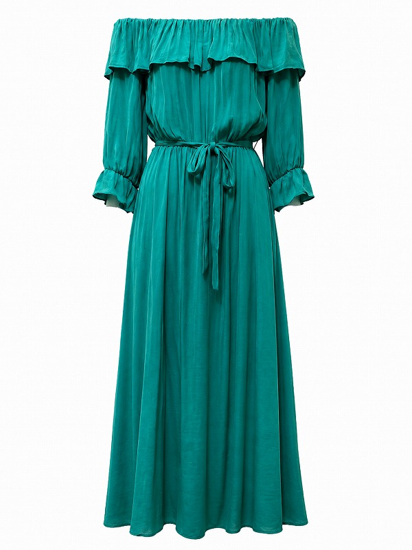 【新品DRESS 1030】オフショルウエストリボンプリーツロングドレス グリーン【VILA】